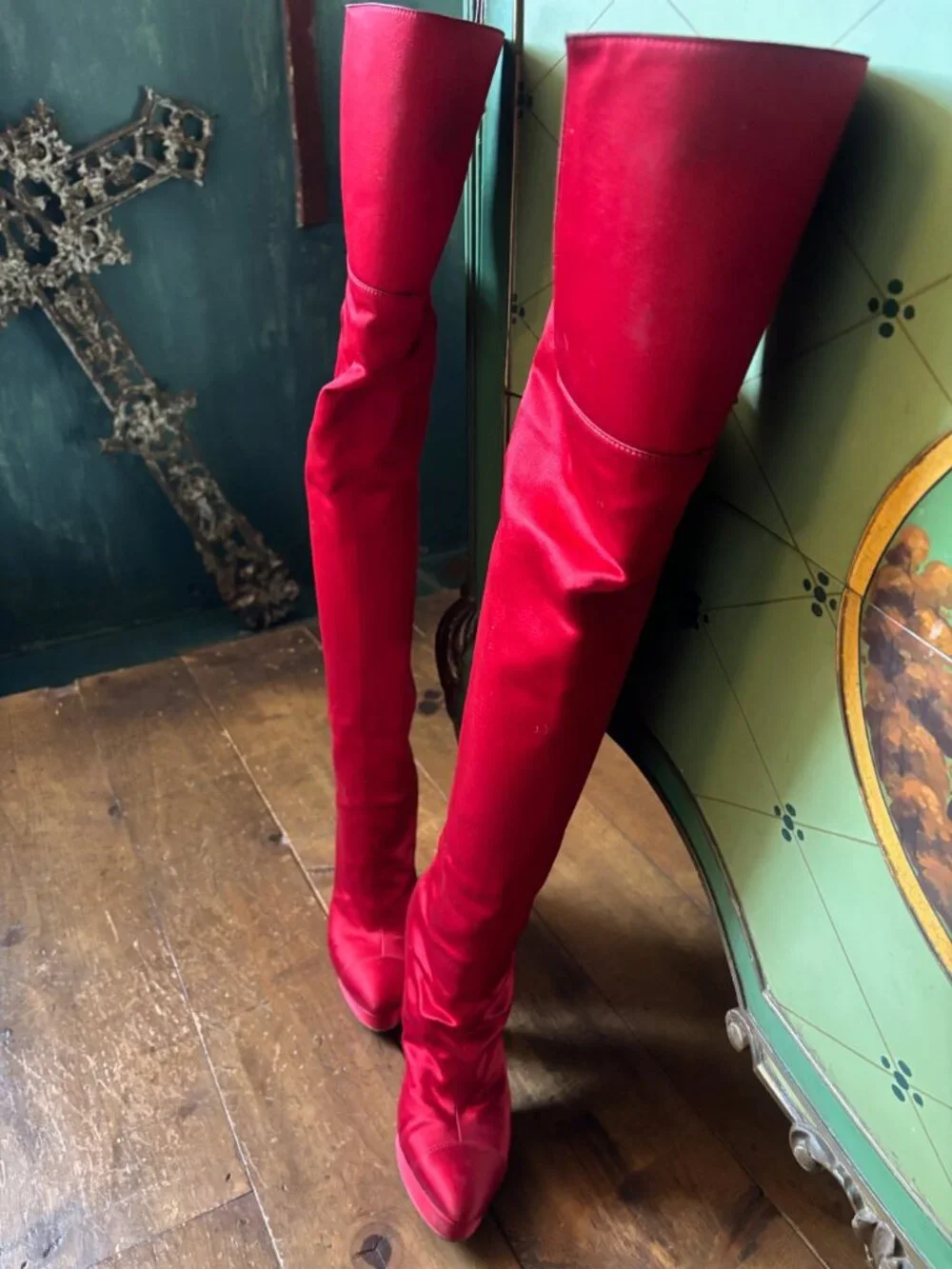 Chanel Red Satin Thigh-High  Boots Size 39 Comfortable Fit